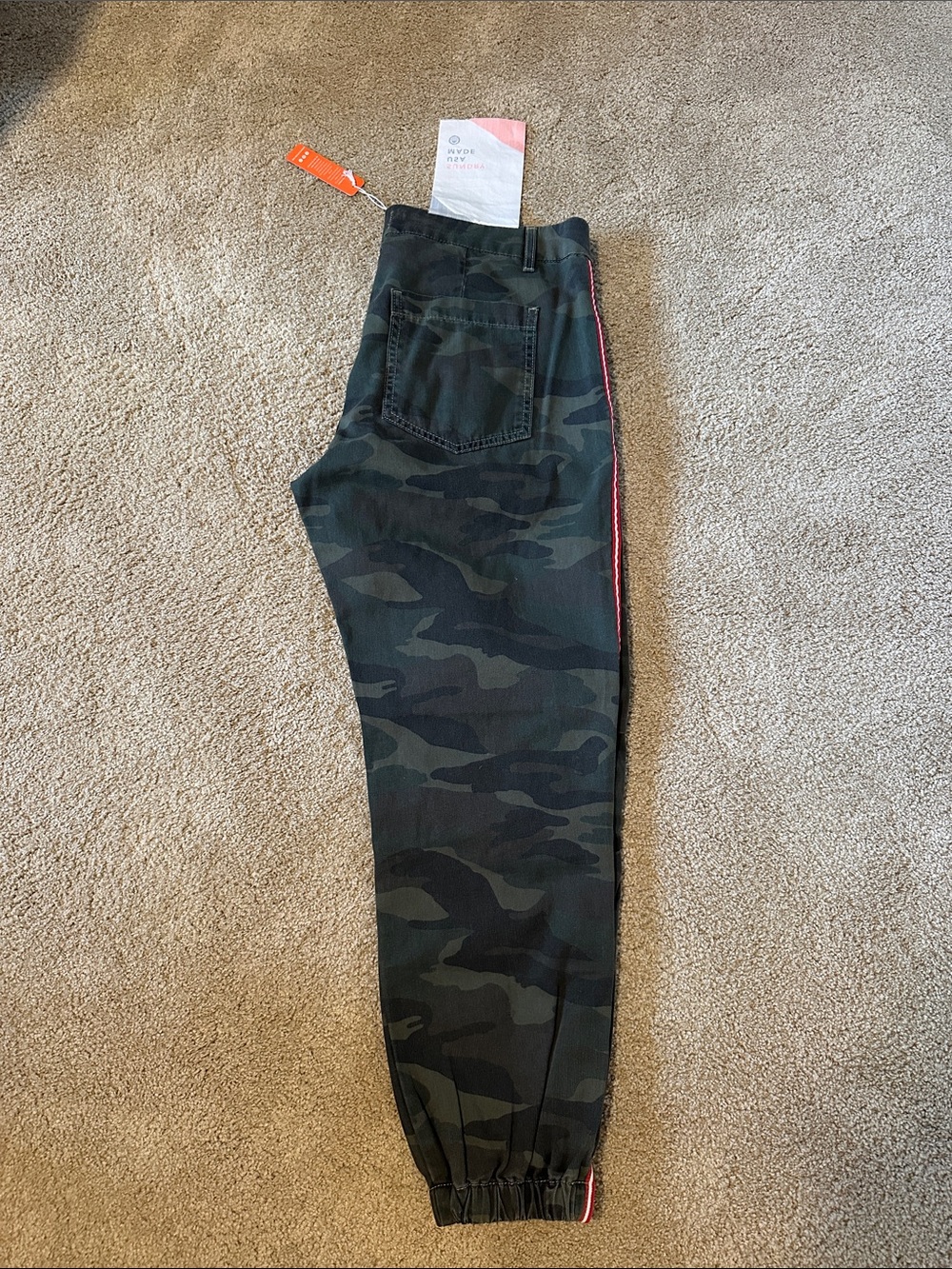 NWT Sundry camo cotton Jogger Pants with Red & White stripe Side Trim